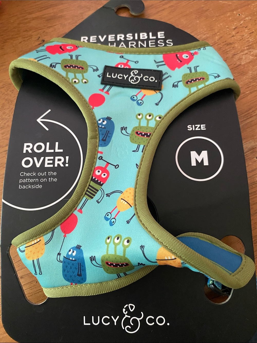 Reversible Dog Harness - Teal with Monster Print (M)